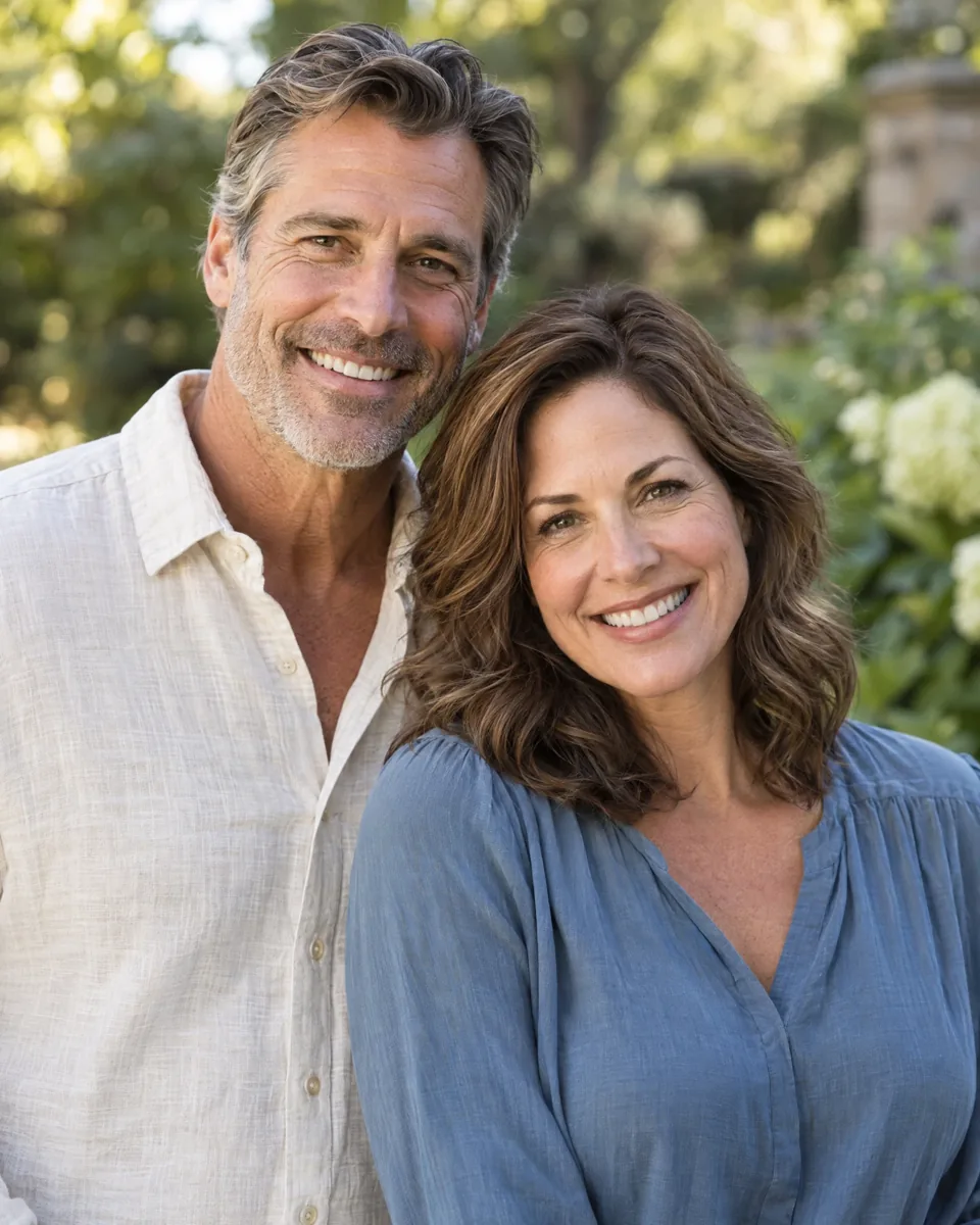 AI-generated illustration of a smiling middle-aged man and woman; not actual patients or treatment results